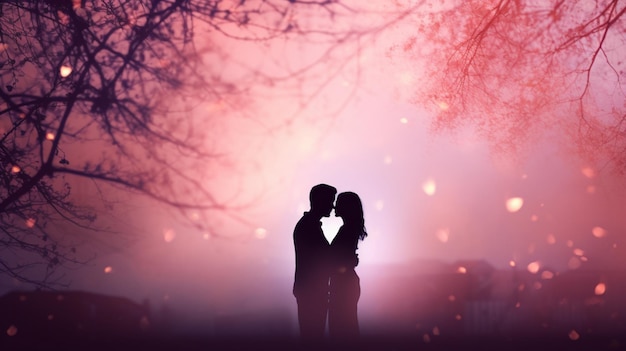 Silhouette of a loving couple on a valentines day background