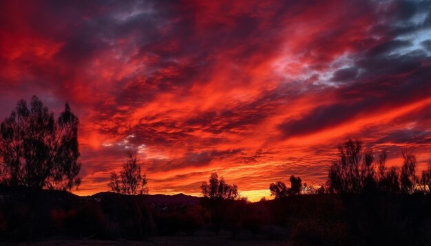 Photo silhouette of majestic tree against vibrant orange sky at dusk generated by artificial intelligence