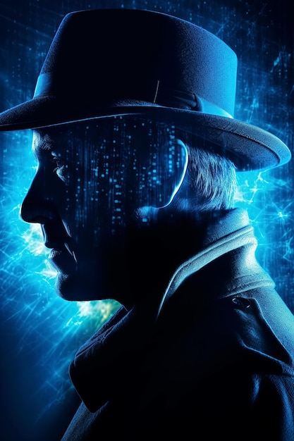 Silhouette of male detective spy in hat with a double exposure in night city Cover of book thrillers of novel Generative AI illustration