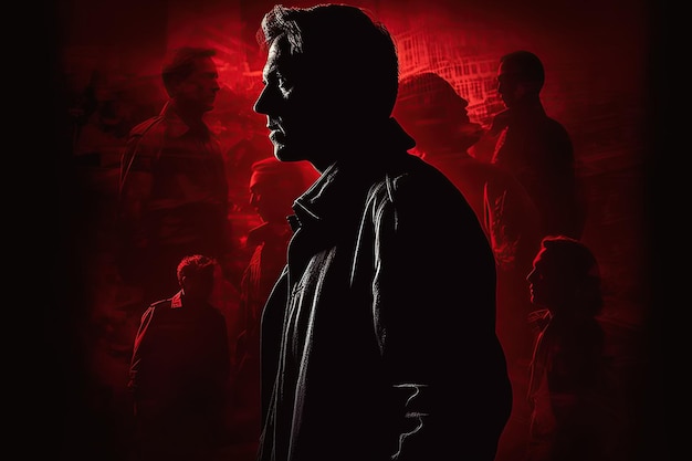 Silhouette di detective maschio con doppia esposizione banner poster per film thriller e libro