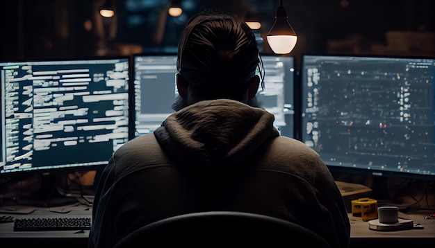 Silhouette of male hacker breaking firewall encryption to plant trojan virus looking to steal valuable data