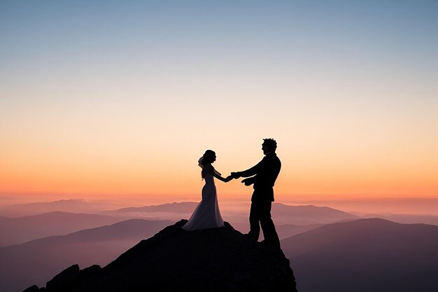 Foto silhouette di un uomo chiede a una donna di sposarlo sullo sfondo di una montagna