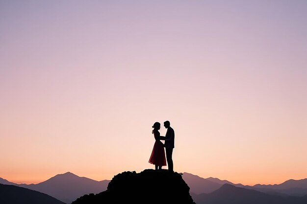 Silhouette of man ask woman to marry on mountain background