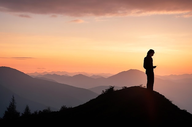 Silhouette of man ask woman to marry on mountain background