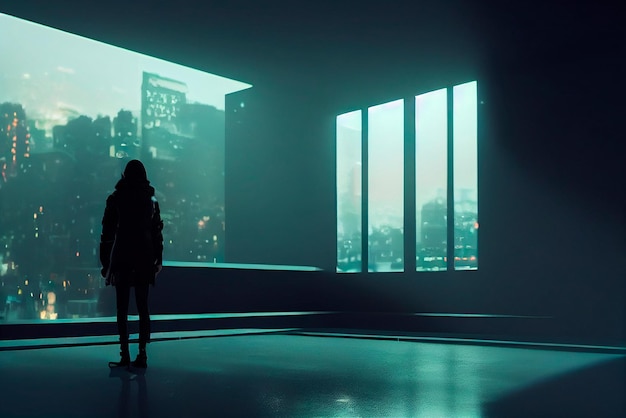 Silhouette of a man on the background of a futuristic city