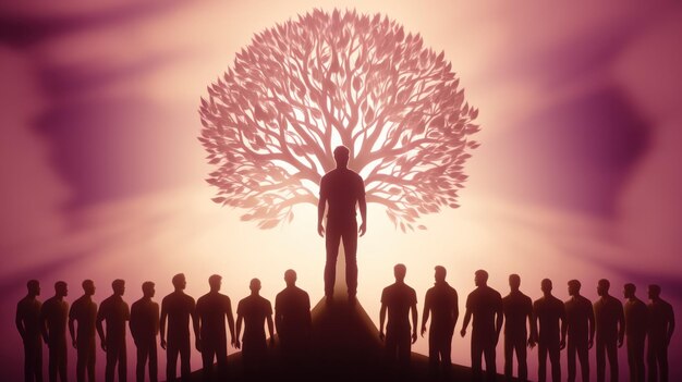 Silhouette of a man on the background of a tree and a group of people concept of religion and