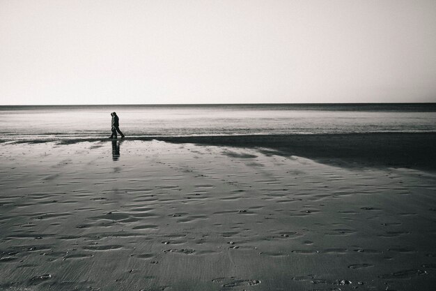 Foto uomo a silhouette sulla spiaggia contro un cielo limpido