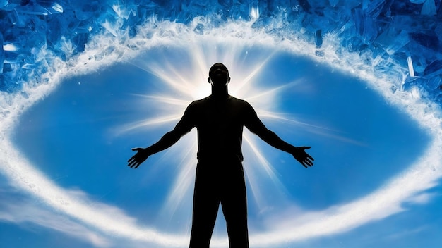 Photo silhouette of a man in a blue crystal sky