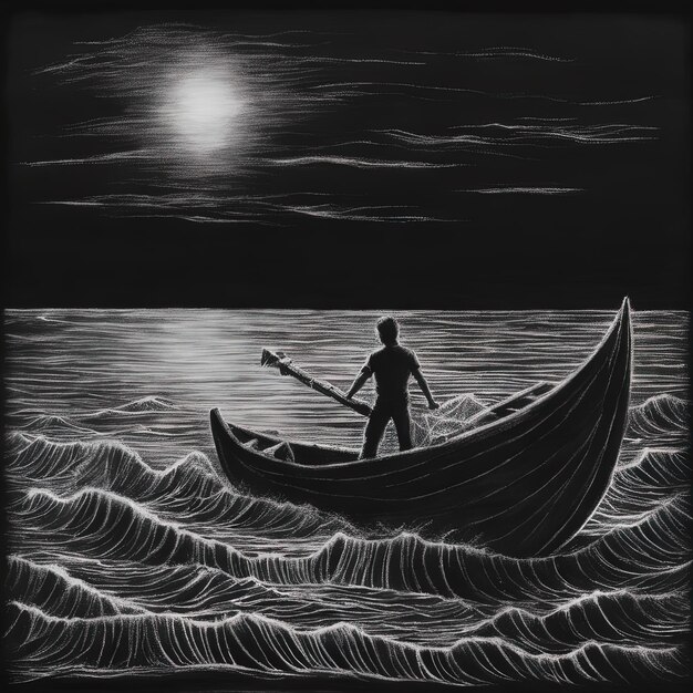 silhouette of a man in a boat on the lakea silhouette of a fisherman with a paddle on a boat