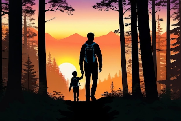 Photo silhouette man and a boy father and son go hiking in the forest fathers day concept banner poster