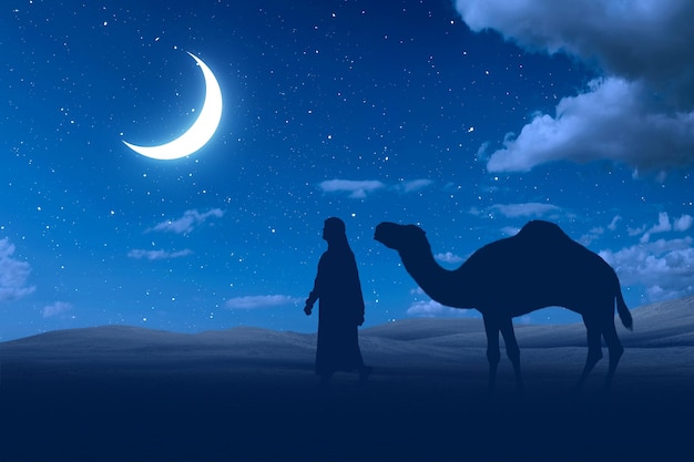 Silhouette of a man and camel crossing the desert