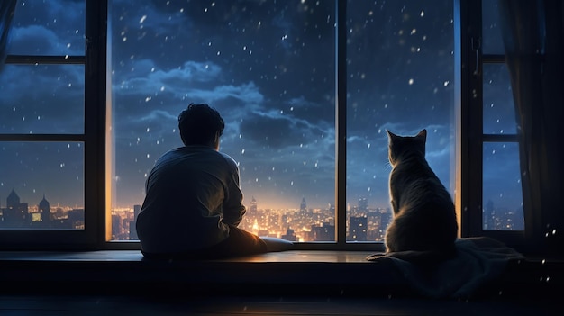 Silhouette of man and cat sitting on window sill at night