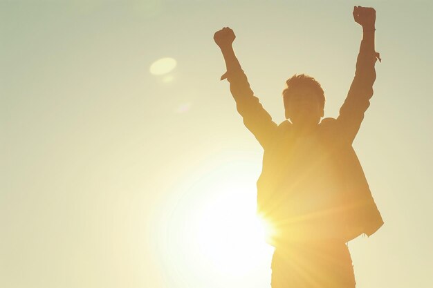 Photo silhouette of man celebrating success at sunrise