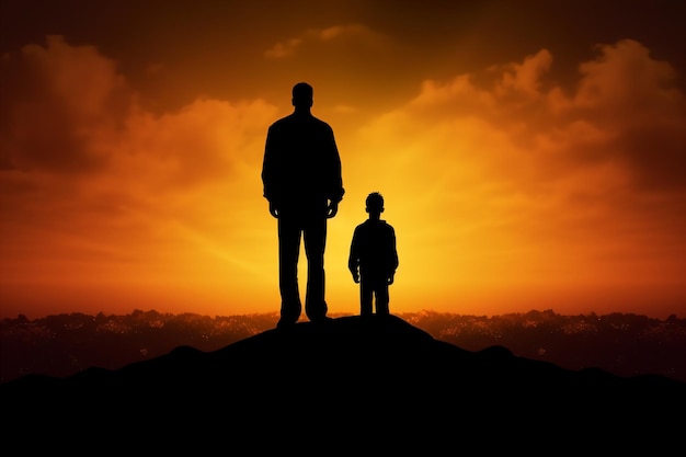 Silhouette of a man and a child on a hill