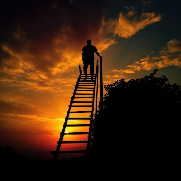 silhouette of man climbing ladder and sunset