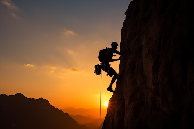 Silhouette of a man climbing on the rock