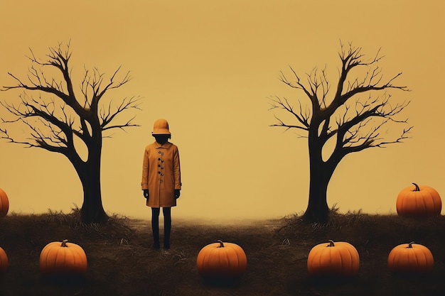 The silhouette of a man in a coat and hood stands on a field with pumpkins