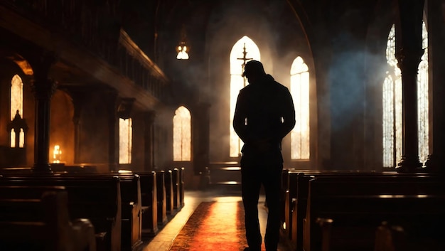 Photo silhouette of a man coming to church