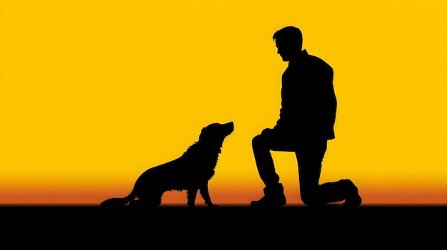 Silhouette of a man and a dog with a yellow background