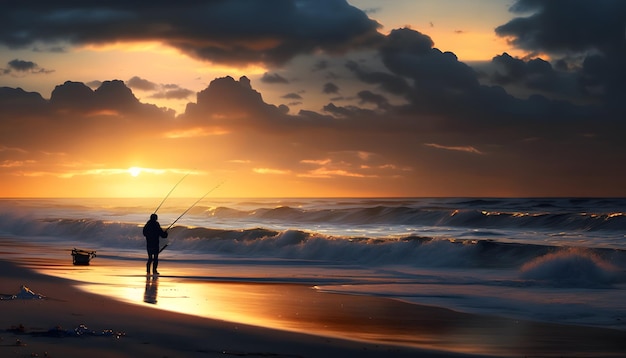 Силуэт человека, ловящего рыбу на пляже на берегу моря