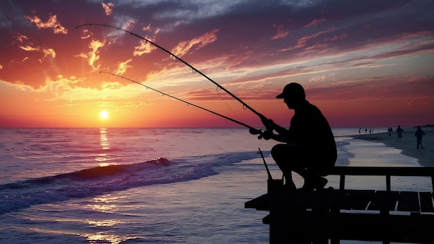 夕暮れのビーチで釣りをしている男のシルエット