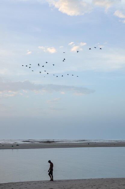 Silhouette man flying over sea against sky