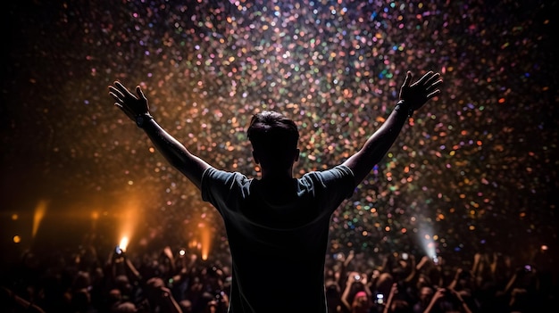 Silhouette a man from the stage celebrating success witnessed by thousands of people generative ai