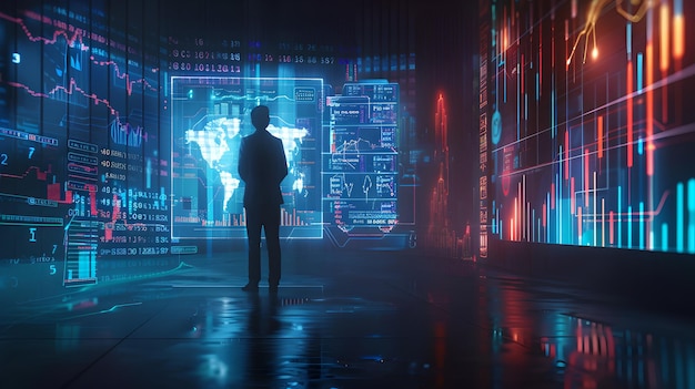 Silhouette of a man in a futuristic data center modern tech and informatics conceptual technology scene digital transformation ai