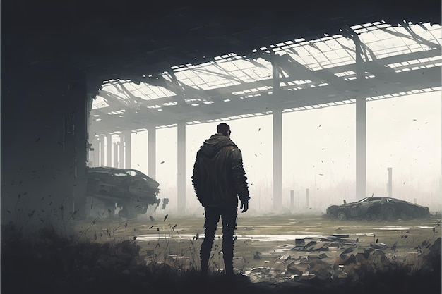 The silhouette of a man in a gloomy abandoned city