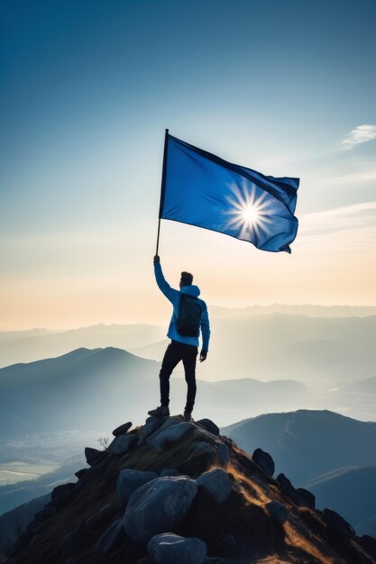 Silhouette of man holding blue flag on top of mountain achievement and success concept