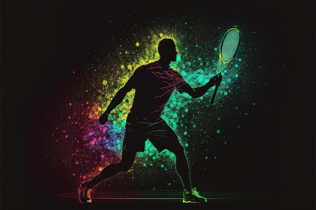 A silhouette of a man holding a racquet in front of a colorful background.