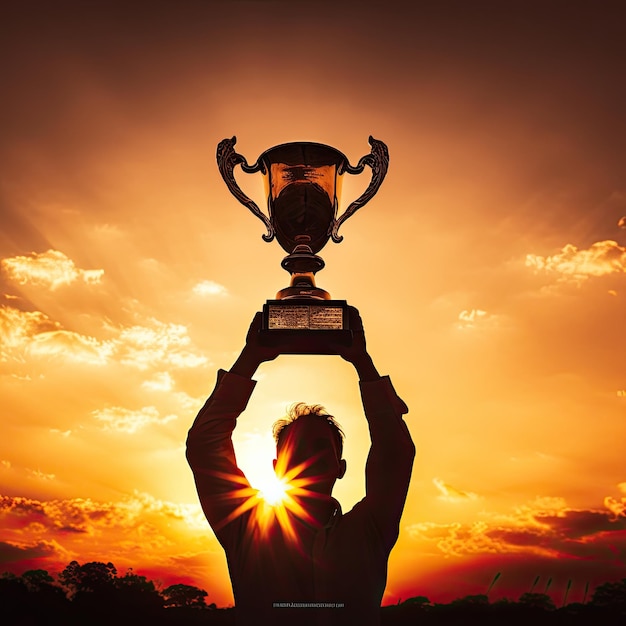 Silhouette of a man holding trophy