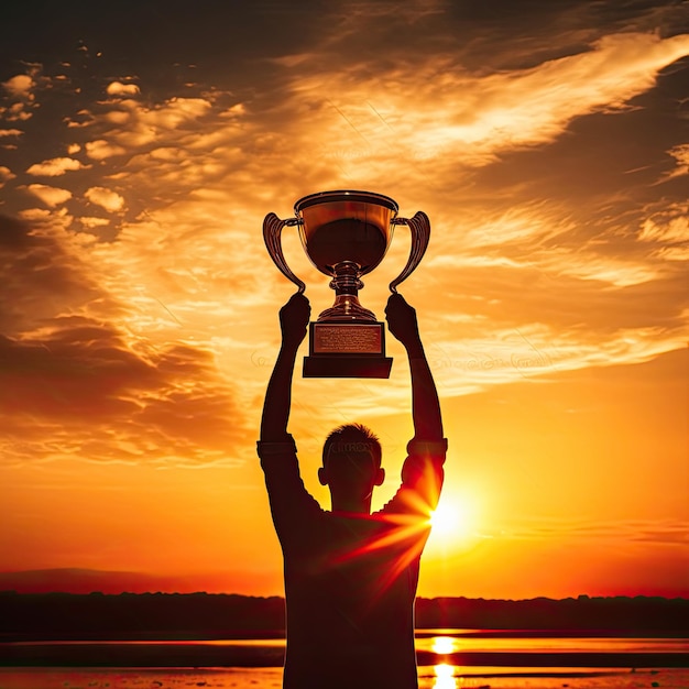 Silhouette of a man holding trophy