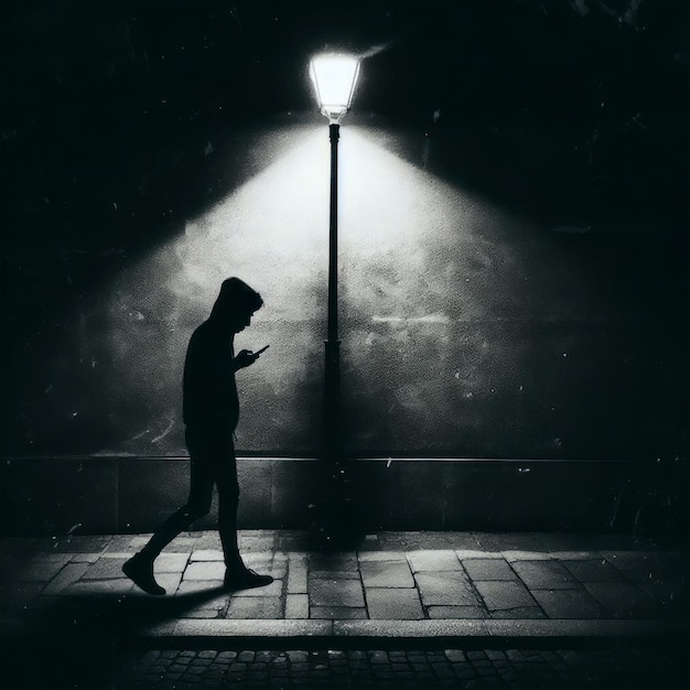 Foto silhouette di un uomo con cappuccio che cammina lungo una strada di notte