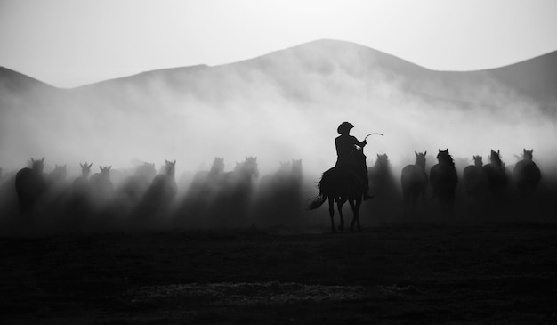 Photo silhouette man horseback riding on field against sky