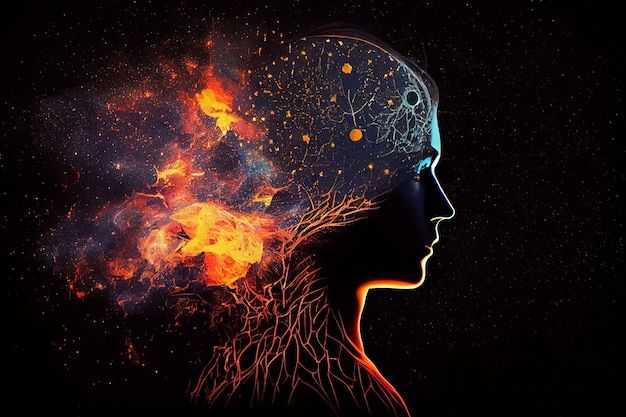 Silhouette of a man inside a fiery universe AI generated