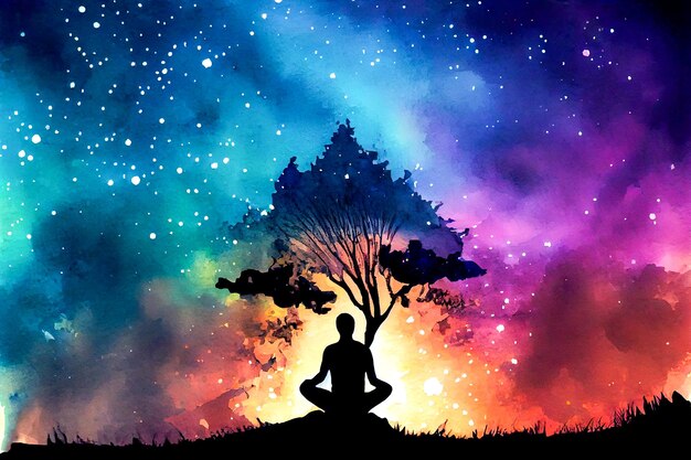 Silhouette of man is meditate Cosmic space Watercolor illustration