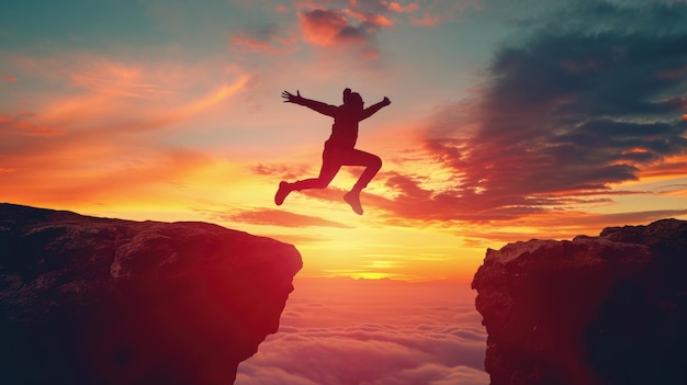 Silhouette of a man joyfully jumping between cliffs in success