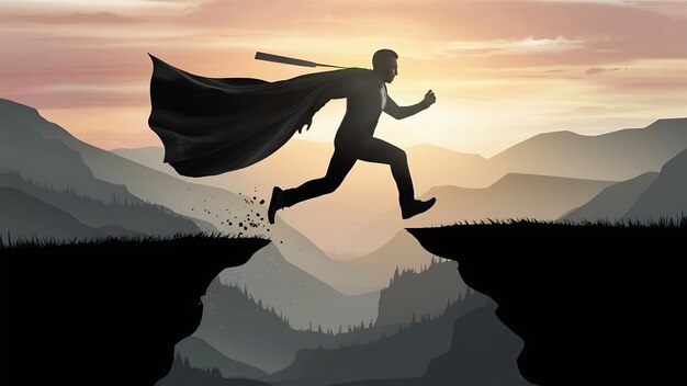 Silhouette man jumping from cant cliff to can cliff change mindset concept