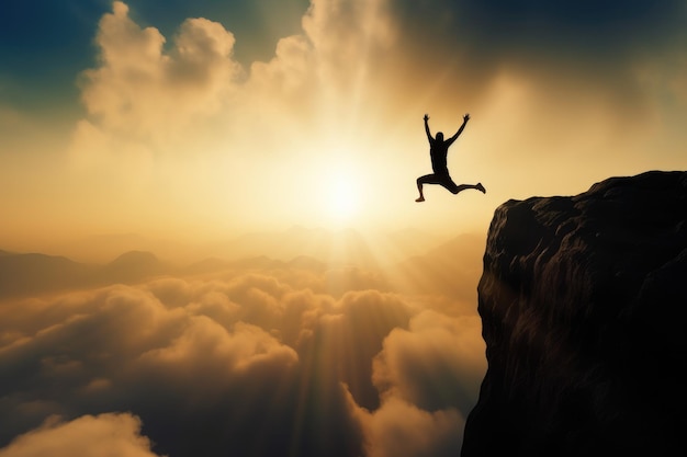Фото Силуэт человек, прыгающий с обрыва генеративный ии