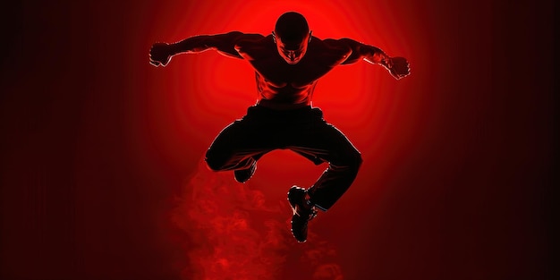 Silhouette of man jumping in smoky red light