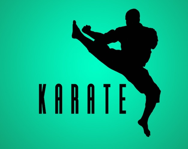 The silhouette of Man in kimono training karate over green background.