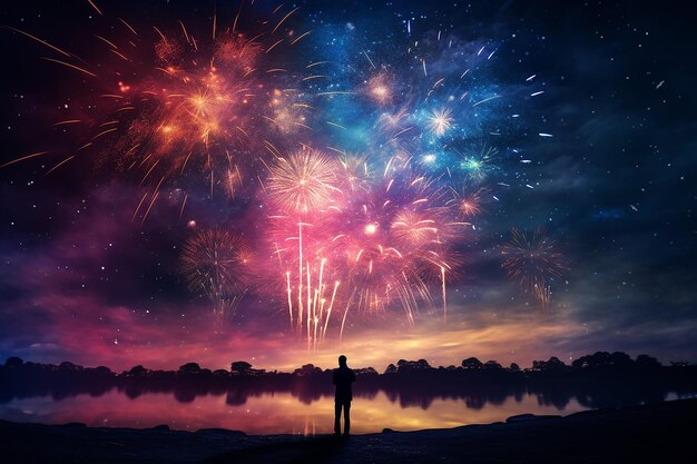 Photo silhouette of man looking at fireworks on background of night sky