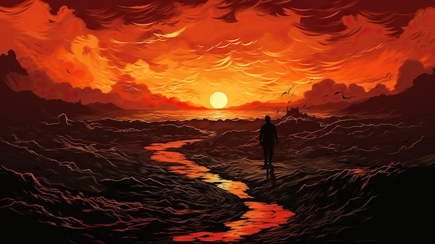 The silhouette of a man looking at the sunset over the lake Digital concept illustration painting