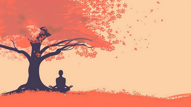 Silhouette of a man in lotus pose meditating under a blossoming peach tree with falling petals Peach and cream colored background