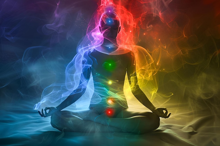 Photo silhouette of a man in lotus with chakra colors