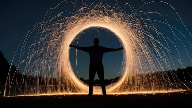 Silhouette of man making a circle of sparks at night