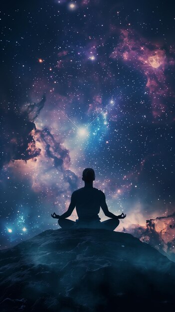 Silhouette of a man meditating on the lotus pose in front of galaxy universe background