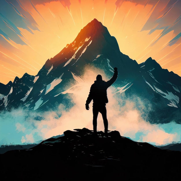 Silhouette of a Man Near Big Mountain Generative AI