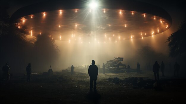 silhouette of a man in the night fog against the background of a landing UFO, kidnapping